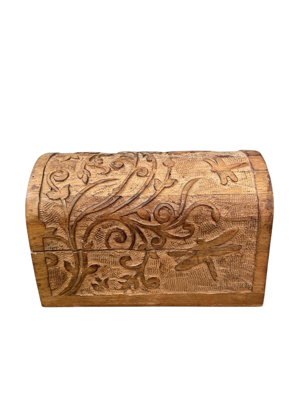 Hand-Carved Wooden JewelryTrinket Box - Floral Dragonfly Design Warm Honey Brown